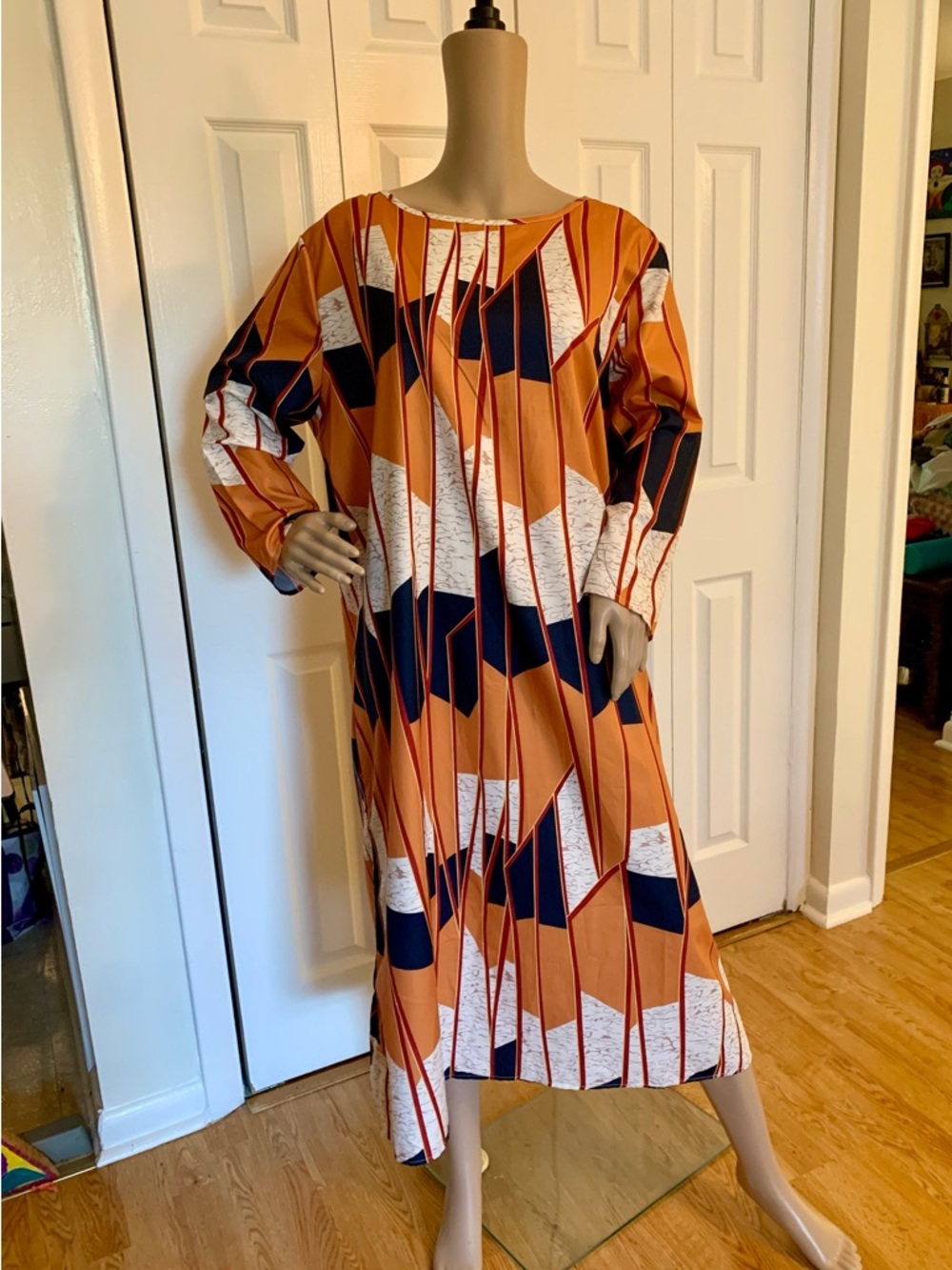 Geometric Orange Long Sleeve Maxi Dress